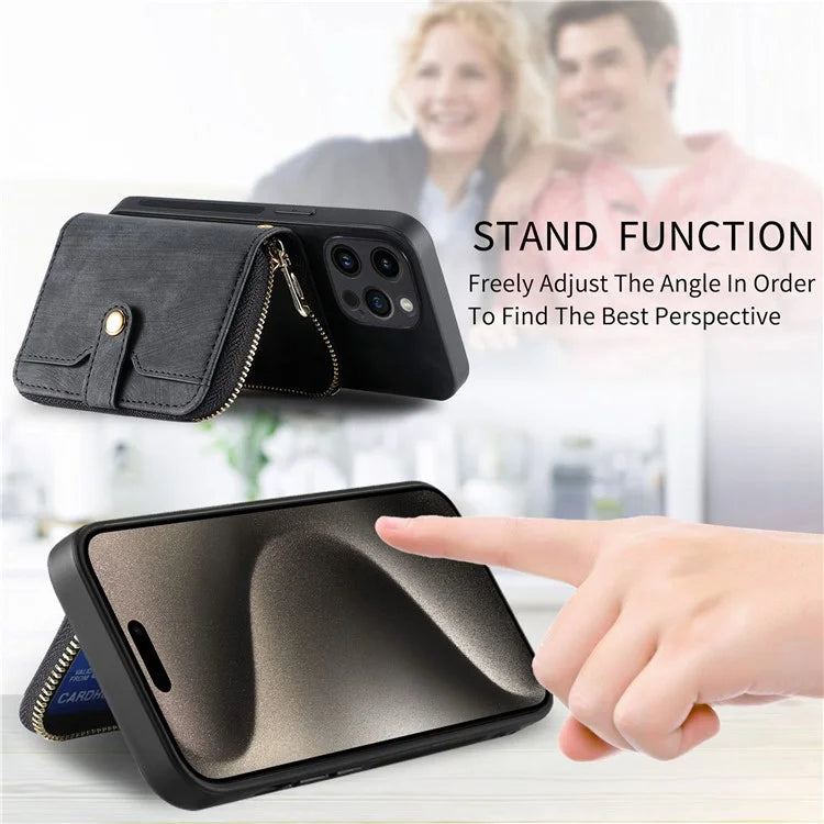 D3 For iPhone 15 Pro Case Retro Zipper Wallet Kickstand Back Shell with Shoulder Strap