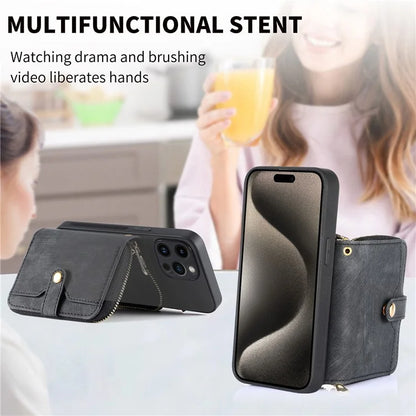 D3 For iPhone 15 Pro Case Retro Zipper Wallet Kickstand Back Shell with Shoulder Strap