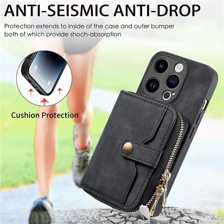 D3 For iPhone 15 Pro Case Retro Zipper Wallet Kickstand Back Shell with Shoulder Strap