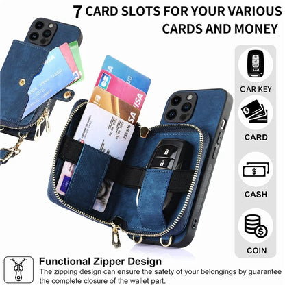 D3 For iPhone 15 Pro Case Retro Zipper Wallet Kickstand Back Shell with Shoulder Strap