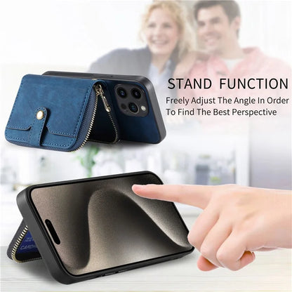 D3 For iPhone 15 Pro Case Retro Zipper Wallet Kickstand Back Shell with Shoulder Strap