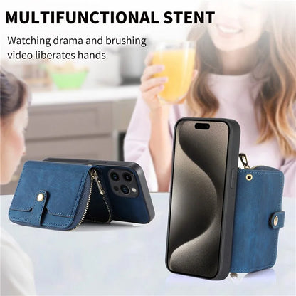 D3 For iPhone 15 Pro Case Retro Zipper Wallet Kickstand Back Shell with Shoulder Strap