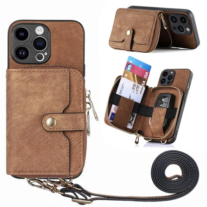 D3 For iPhone 15 Pro Case Retro Zipper Wallet Kickstand Back Shell with Shoulder Strap