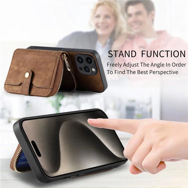 D3 For iPhone 15 Pro Case Retro Zipper Wallet Kickstand Back Shell with Shoulder Strap