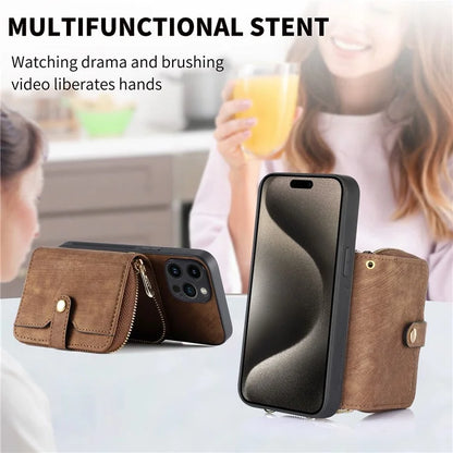 D3 For iPhone 15 Pro Case Retro Zipper Wallet Kickstand Back Shell with Shoulder Strap