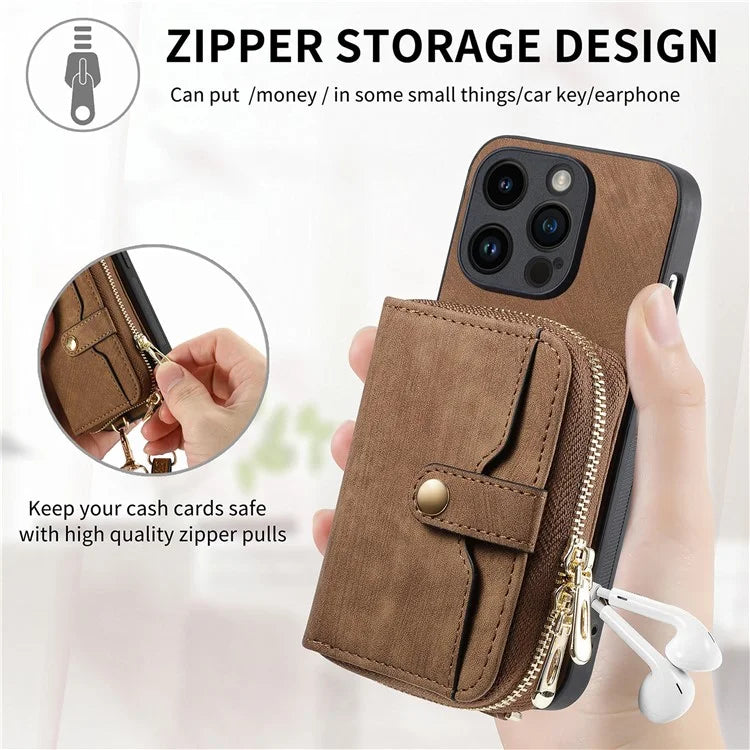 D3 For iPhone 15 Pro Case Retro Zipper Wallet Kickstand Back Shell with Shoulder Strap