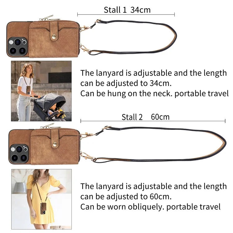 D3 For iPhone 15 Pro Case Retro Zipper Wallet Kickstand Back Shell with Shoulder Strap