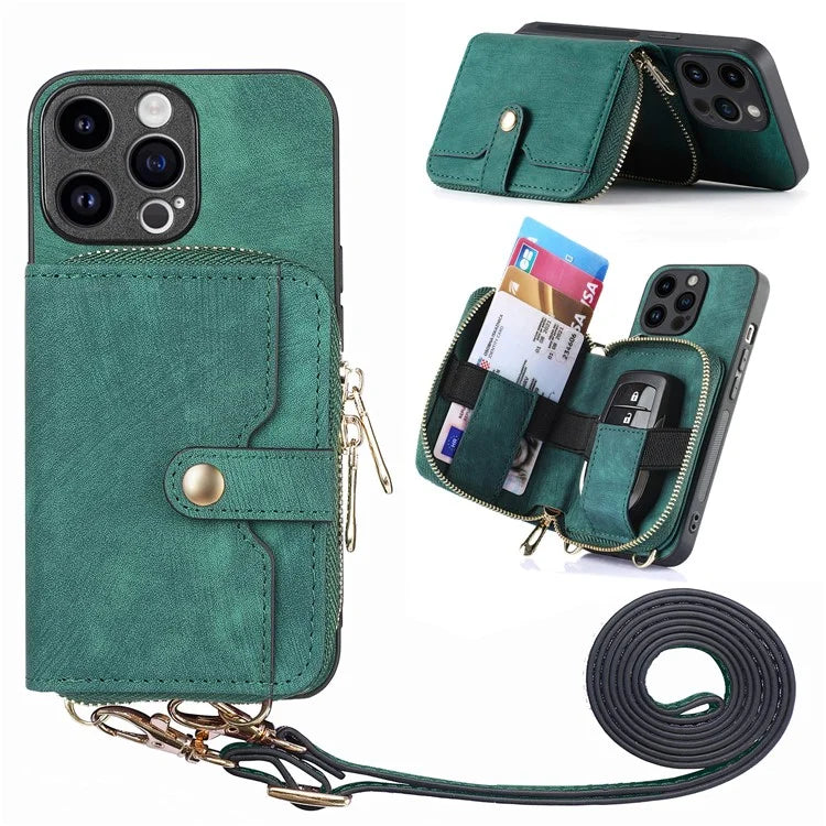 D3 For iPhone 15 Pro Case Retro Zipper Wallet Kickstand Back Shell with Shoulder Strap