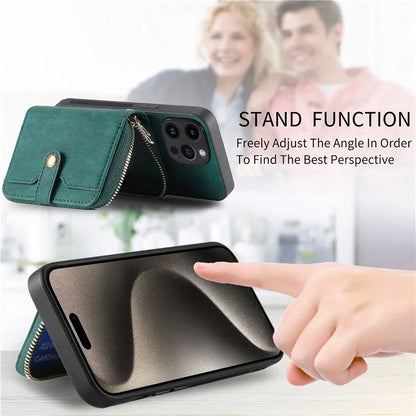 D3 For iPhone 15 Pro Case Retro Zipper Wallet Kickstand Back Shell with Shoulder Strap
