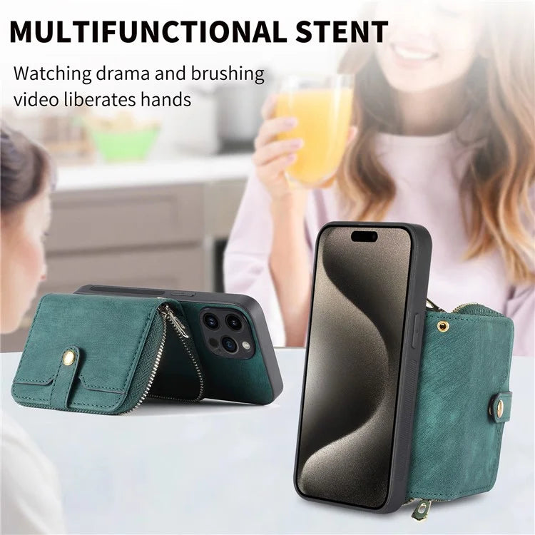 D3 For iPhone 15 Pro Case Retro Zipper Wallet Kickstand Back Shell with Shoulder Strap