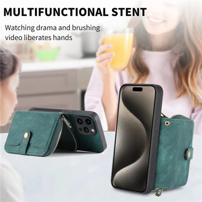 D3 For iPhone 15 Pro Case Retro Zipper Wallet Kickstand Back Shell with Shoulder Strap