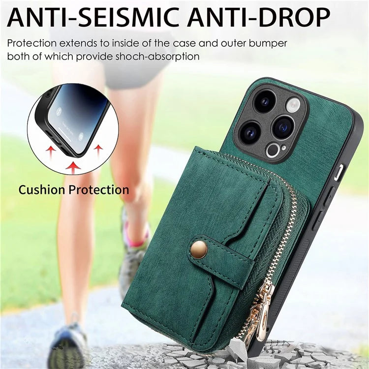 D3 For iPhone 15 Pro Case Retro Zipper Wallet Kickstand Back Shell with Shoulder Strap