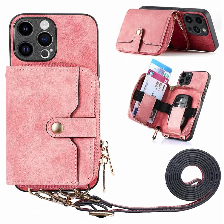 D3 For iPhone 15 Pro Case Retro Zipper Wallet Kickstand Back Shell with Shoulder Strap