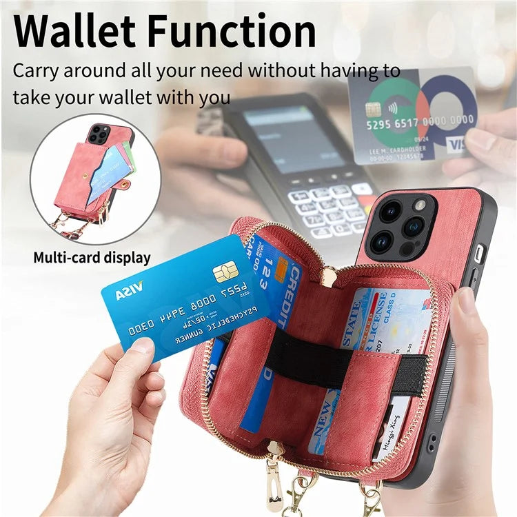 D3 For iPhone 15 Pro Case Retro Zipper Wallet Kickstand Back Shell with Shoulder Strap