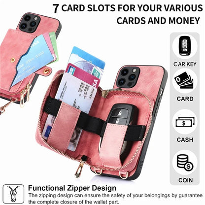 D3 For iPhone 15 Pro Case Retro Zipper Wallet Kickstand Back Shell with Shoulder Strap