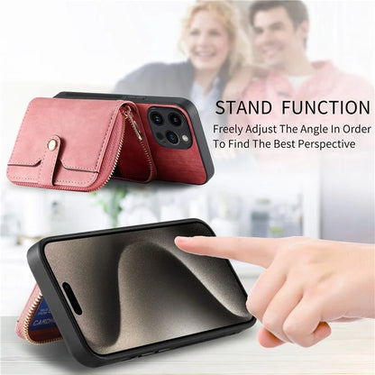 D3 For iPhone 15 Pro Case Retro Zipper Wallet Kickstand Back Shell with Shoulder Strap