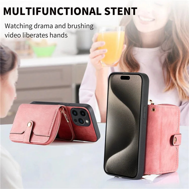 D3 For iPhone 15 Pro Case Retro Zipper Wallet Kickstand Back Shell with Shoulder Strap