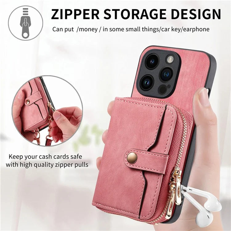 D3 For iPhone 15 Pro Case Retro Zipper Wallet Kickstand Back Shell with Shoulder Strap