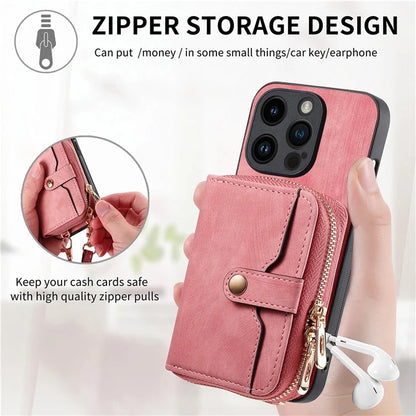 D3 For iPhone 15 Pro Case Retro Zipper Wallet Kickstand Back Shell with Shoulder Strap