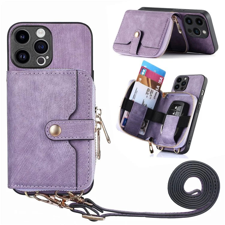 D3 For iPhone 15 Pro Case Retro Zipper Wallet Kickstand Back Shell with Shoulder Strap