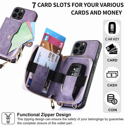 D3 For iPhone 15 Pro Case Retro Zipper Wallet Kickstand Back Shell with Shoulder Strap