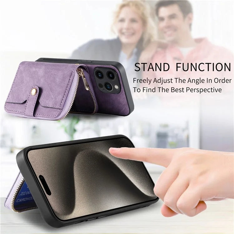 D3 For iPhone 15 Pro Case Retro Zipper Wallet Kickstand Back Shell with Shoulder Strap