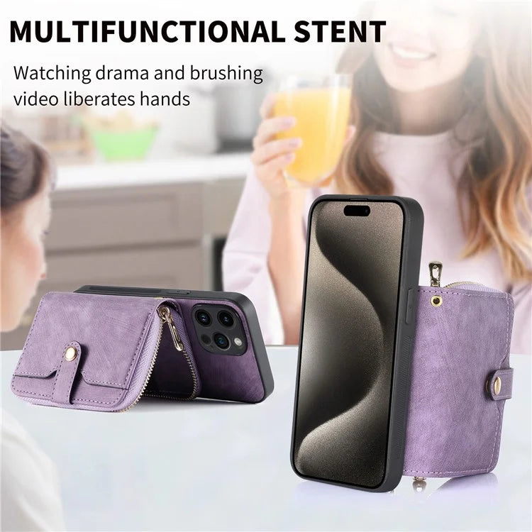 D3 For iPhone 15 Pro Case Retro Zipper Wallet Kickstand Back Shell with Shoulder Strap