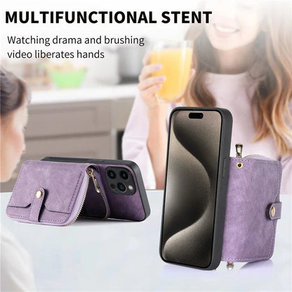 D3 For iPhone 15 Pro Case Retro Zipper Wallet Kickstand Back Shell with Shoulder Strap