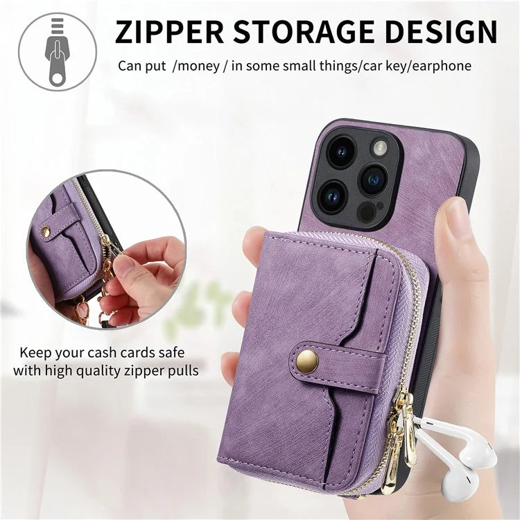 D3 For iPhone 15 Pro Case Retro Zipper Wallet Kickstand Back Shell with Shoulder Strap