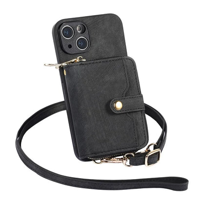 D3 for iPhone 15 Plus Crossbody Case Card Holder Kickstand Leather+PC+TPU Phone Cover