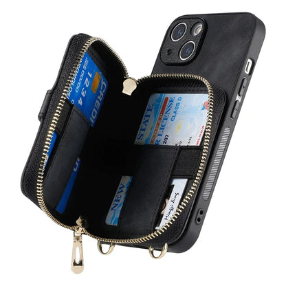 D3 for iPhone 15 Plus Crossbody Case Card Holder Kickstand Leather+PC+TPU Phone Cover