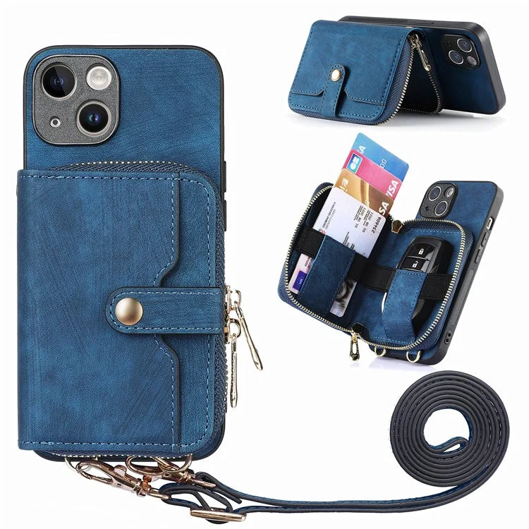D3 for iPhone 15 Plus Crossbody Case Card Holder Kickstand Leather+PC+TPU Phone Cover