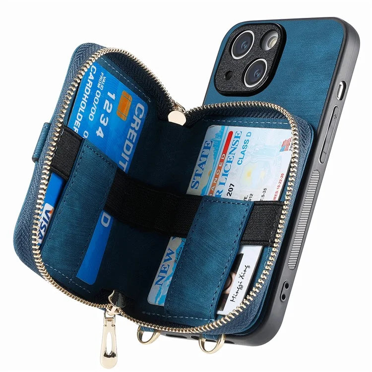 D3 for iPhone 15 Plus Crossbody Case Card Holder Kickstand Leather+PC+TPU Phone Cover