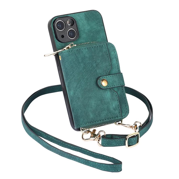 D3 for iPhone 15 Plus Crossbody Case Card Holder Kickstand Leather+PC+TPU Phone Cover