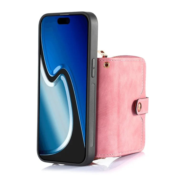 D3 for iPhone 15 Plus Crossbody Case Card Holder Kickstand Leather+PC+TPU Phone Cover