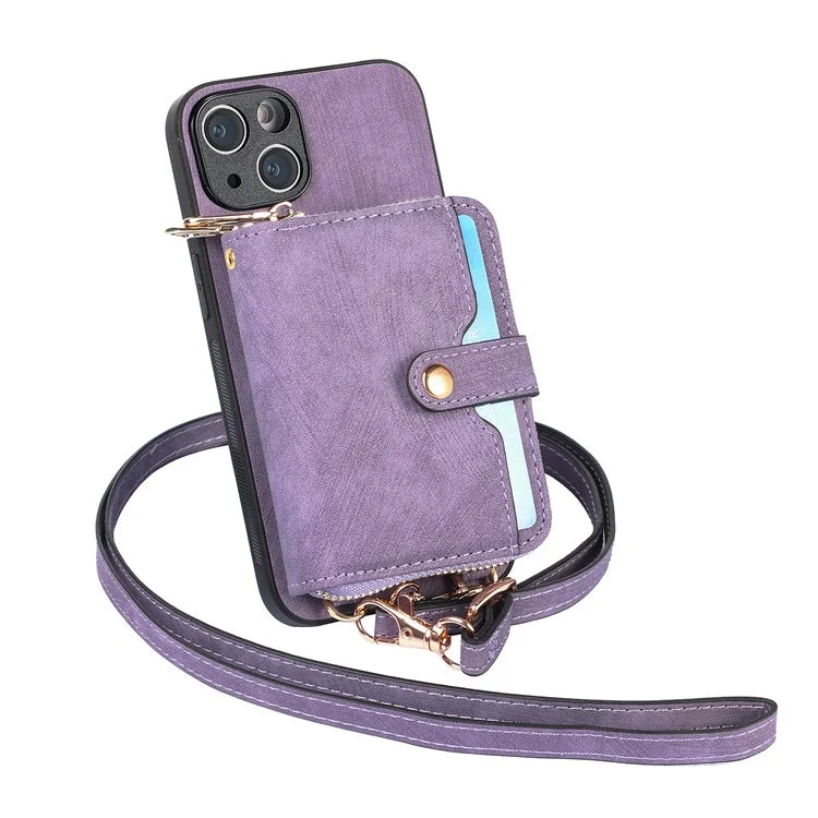 D3 for iPhone 15 Plus Crossbody Case Card Holder Kickstand Leather+PC+TPU Phone Cover