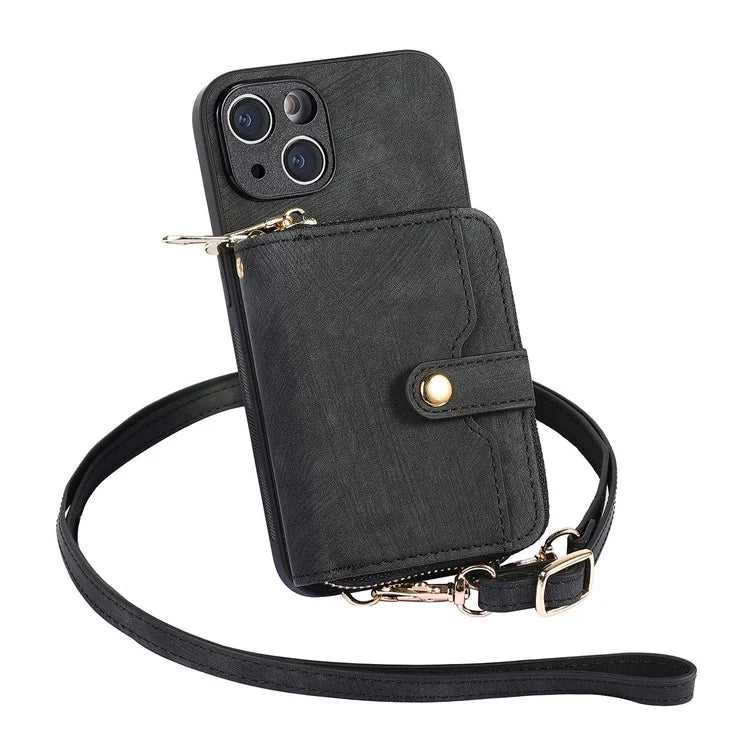 D3 for iPhone 15 Case Zipper Wallet Leather Coated PC+TPU Phone Cover with Lanyard
