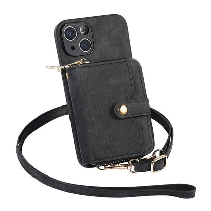 D3 for iPhone 15 Case Zipper Wallet Leather Coated PC+TPU Phone Cover with Lanyard