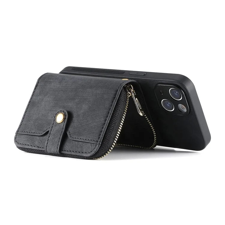 D3 for iPhone 15 Case Zipper Wallet Leather Coated PC+TPU Phone Cover with Lanyard