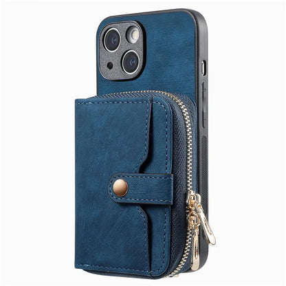 D3 for iPhone 15 Case Zipper Wallet Leather Coated PC+TPU Phone Cover with Lanyard