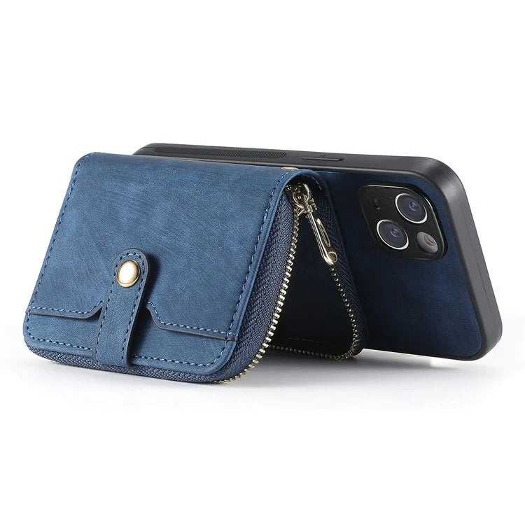 D3 for iPhone 15 Case Zipper Wallet Leather Coated PC+TPU Phone Cover with Lanyard