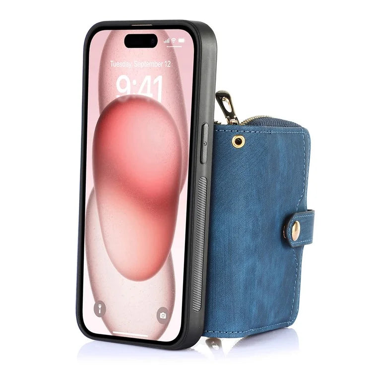 D3 for iPhone 15 Case Zipper Wallet Leather Coated PC+TPU Phone Cover with Lanyard