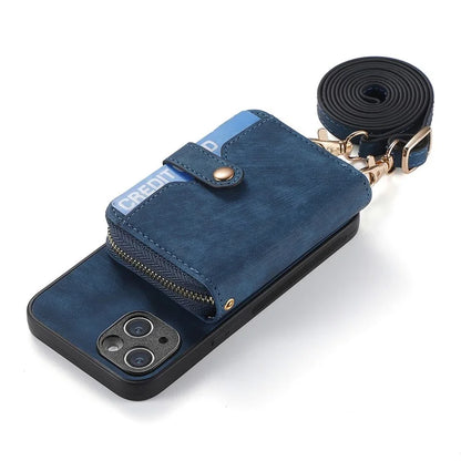 D3 for iPhone 15 Case Zipper Wallet Leather Coated PC+TPU Phone Cover with Lanyard