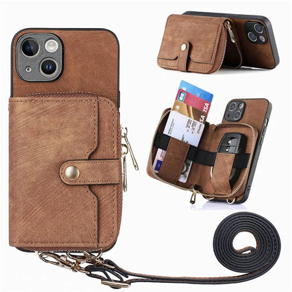 D3 for iPhone 15 Case Zipper Wallet Leather Coated PC+TPU Phone Cover with Lanyard