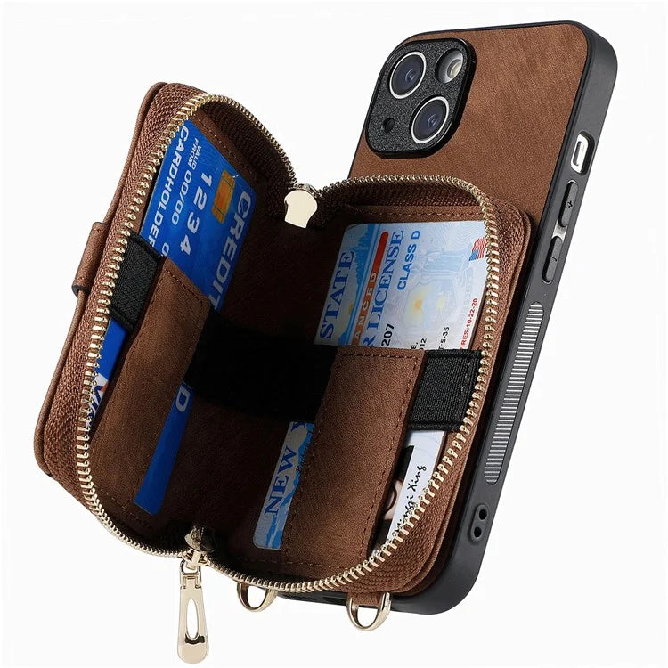 D3 for iPhone 15 Case Zipper Wallet Leather Coated PC+TPU Phone Cover with Lanyard