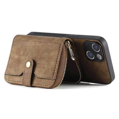 D3 for iPhone 15 Case Zipper Wallet Leather Coated PC+TPU Phone Cover with Lanyard