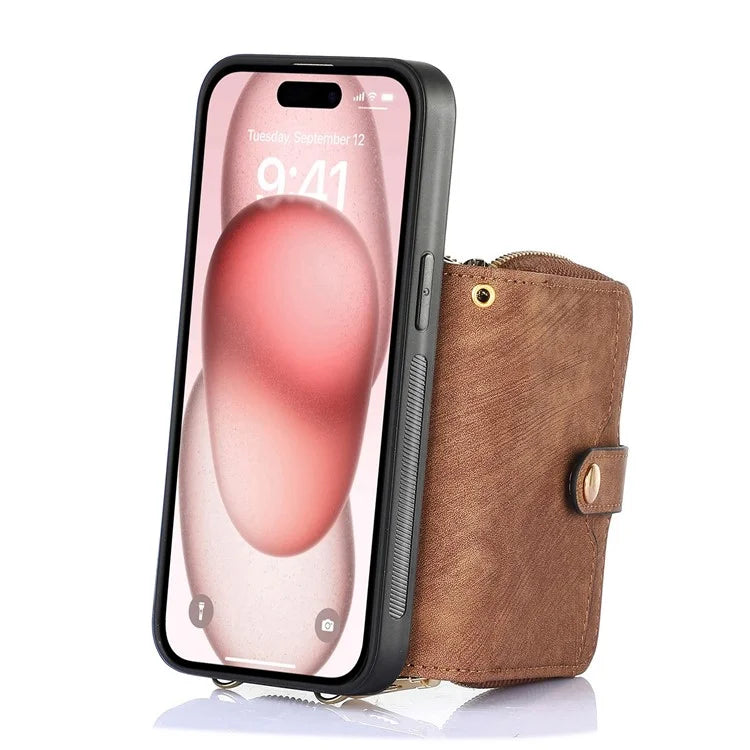 D3 for iPhone 15 Case Zipper Wallet Leather Coated PC+TPU Phone Cover with Lanyard