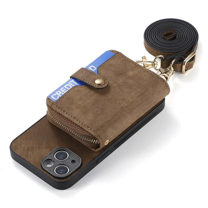 D3 for iPhone 15 Case Zipper Wallet Leather Coated PC+TPU Phone Cover with Lanyard