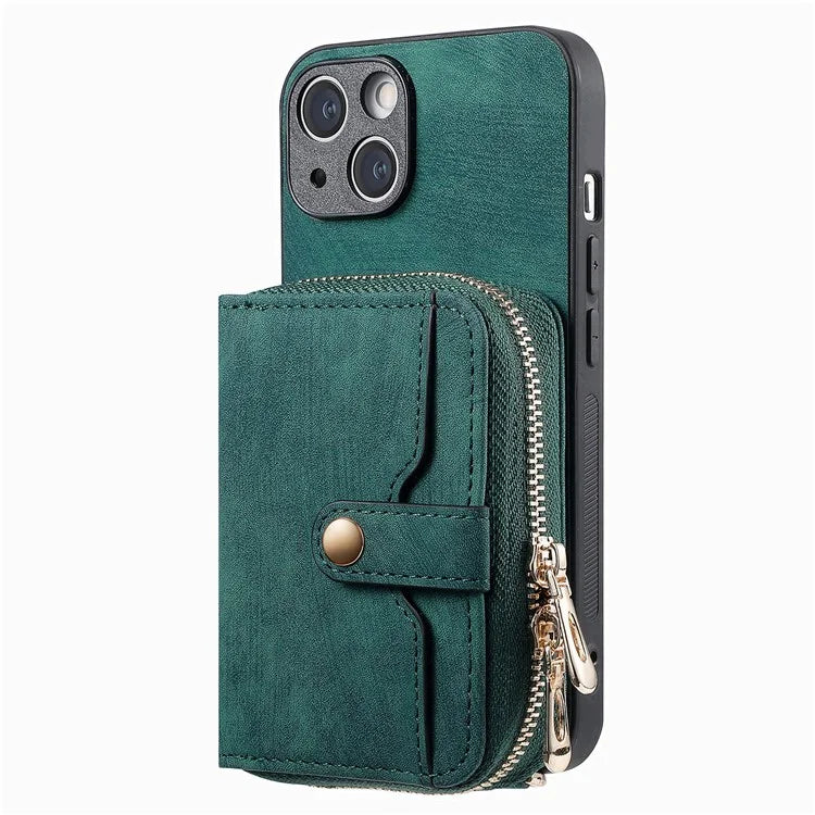 D3 for iPhone 15 Case Zipper Wallet Leather Coated PC+TPU Phone Cover with Lanyard