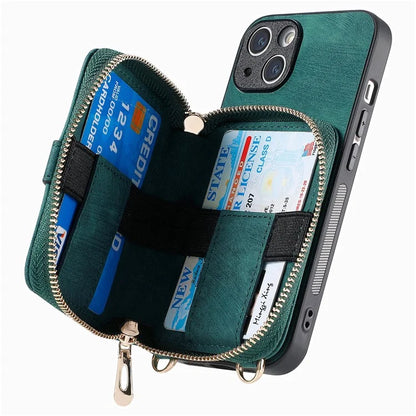 D3 for iPhone 15 Case Zipper Wallet Leather Coated PC+TPU Phone Cover with Lanyard